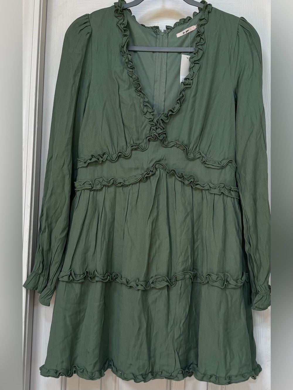 Francesca's Collections Olive Green Ruffle Tiered Long-Sleeve Dress
